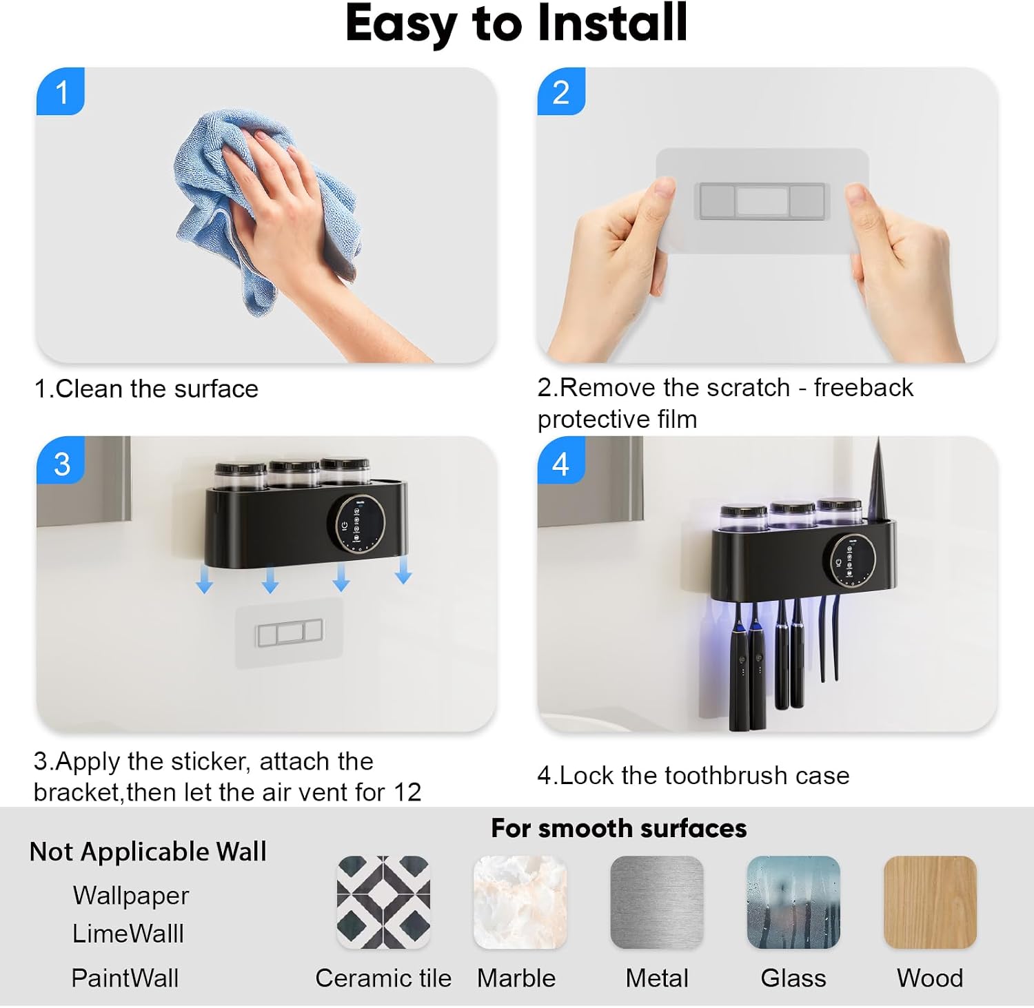UV Toothbrush Sanitizer and Holder Wall Mounted, Electric Toothbrush Holder for Bathroom with UVA+UVC Light & Fan Dry, 6 Toothbrush Slots & 3 Cups, No-Drill Rechargeable Toothbrush Organizer（Black）