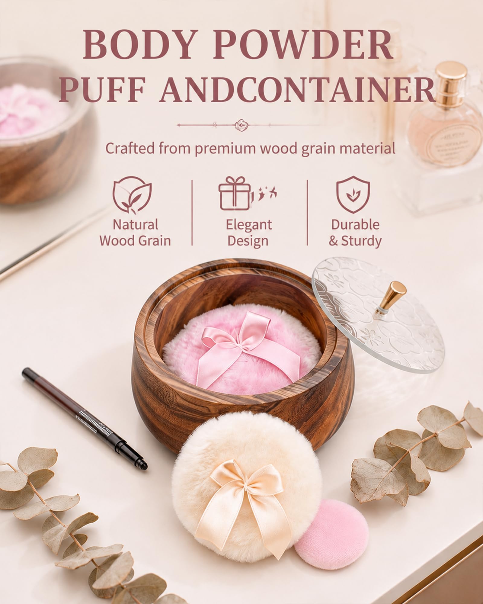 Large Wood-Grain Body Powder Container with 2 Washable Puffs