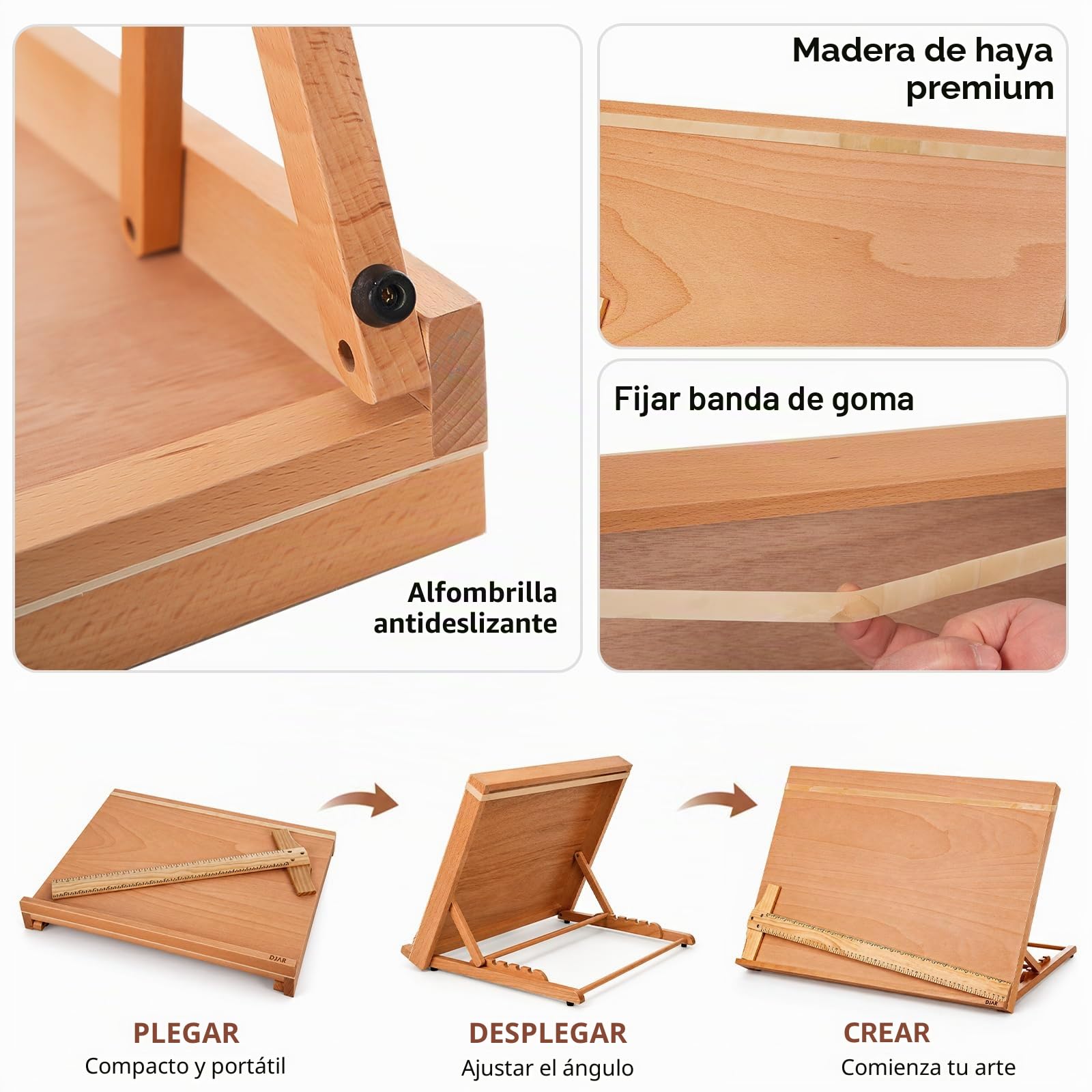DJAR Mesa de Dibujo de Madera, Caballete de Mesa y Tablero de Bocetos 47 x 36 cm, Soporte de Dibujo con Ángulo Ajustable en 5 Posiciones