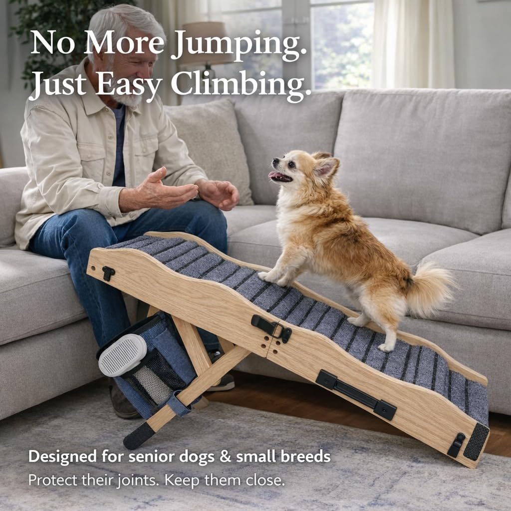2026 Upgraded Dog Ramp for Couch & Low Bed, 33" L Folding Wood Pet Ramp 200LB Capacity, 4-Level Adjustable Height 11"-20", Non-Slip Sturdy Puppy Ramp for Small & Senior Dogs, Joint Relief, Wavy Design