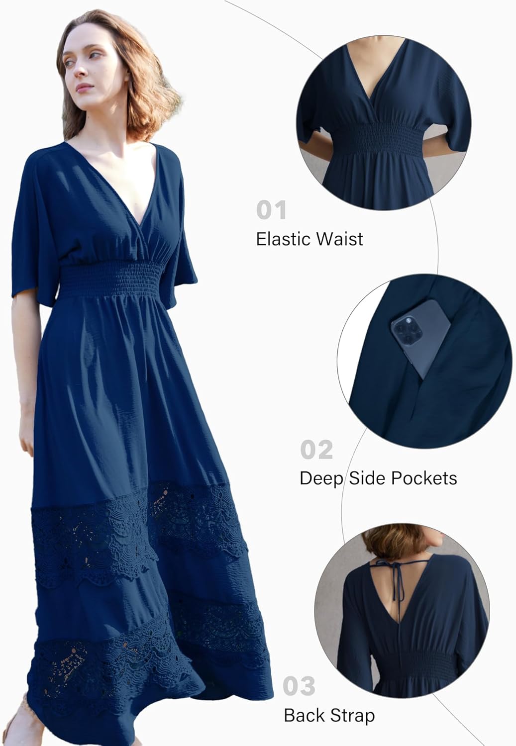 Women's Boho Maxi Dress Short Sleeve V Neck Long Flowy Dresses Smocked Waist Lace Wedding Guest Dress with Pockets - Image 6