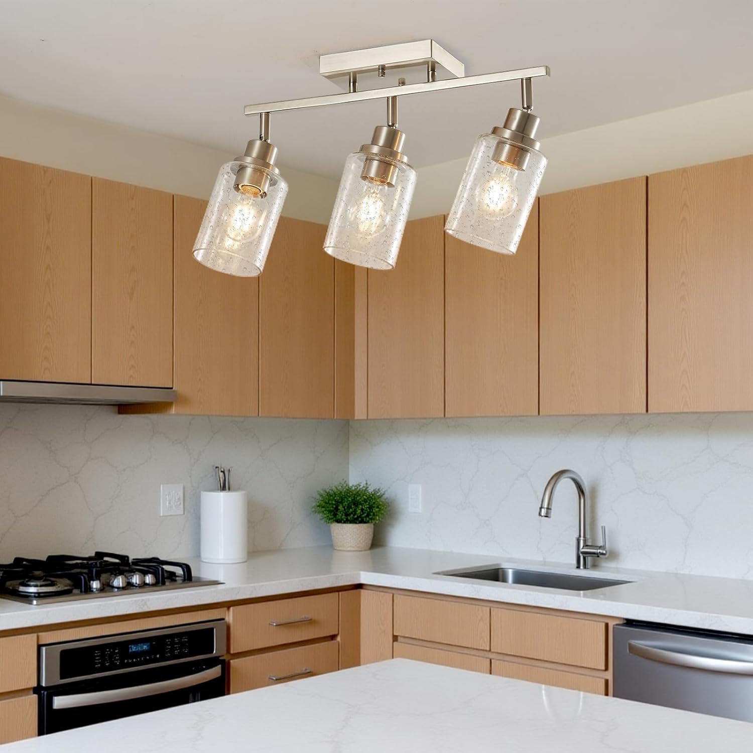 LOUSACE 3 Light Brushed Nickel Track Lighting, Modern Flush Mount Seeded Glass Ceiling Light, Kitchen Ceiling Mounted Light Fixtures Over Sink for Dining Room Kitchen Bathroom Hallway