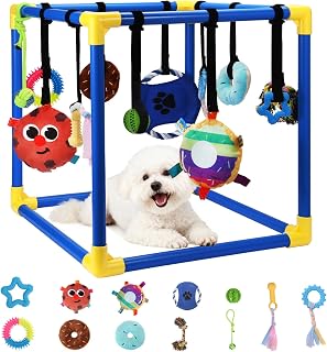 Puppy Play Gym with 12 Hanging Toys, Removable Dog Enrichment Playground, Interactive Indoor Training Activity Center for Small Dogs & Puppies, Adjustable PVC Frame, Teething & with Squeaky Toys