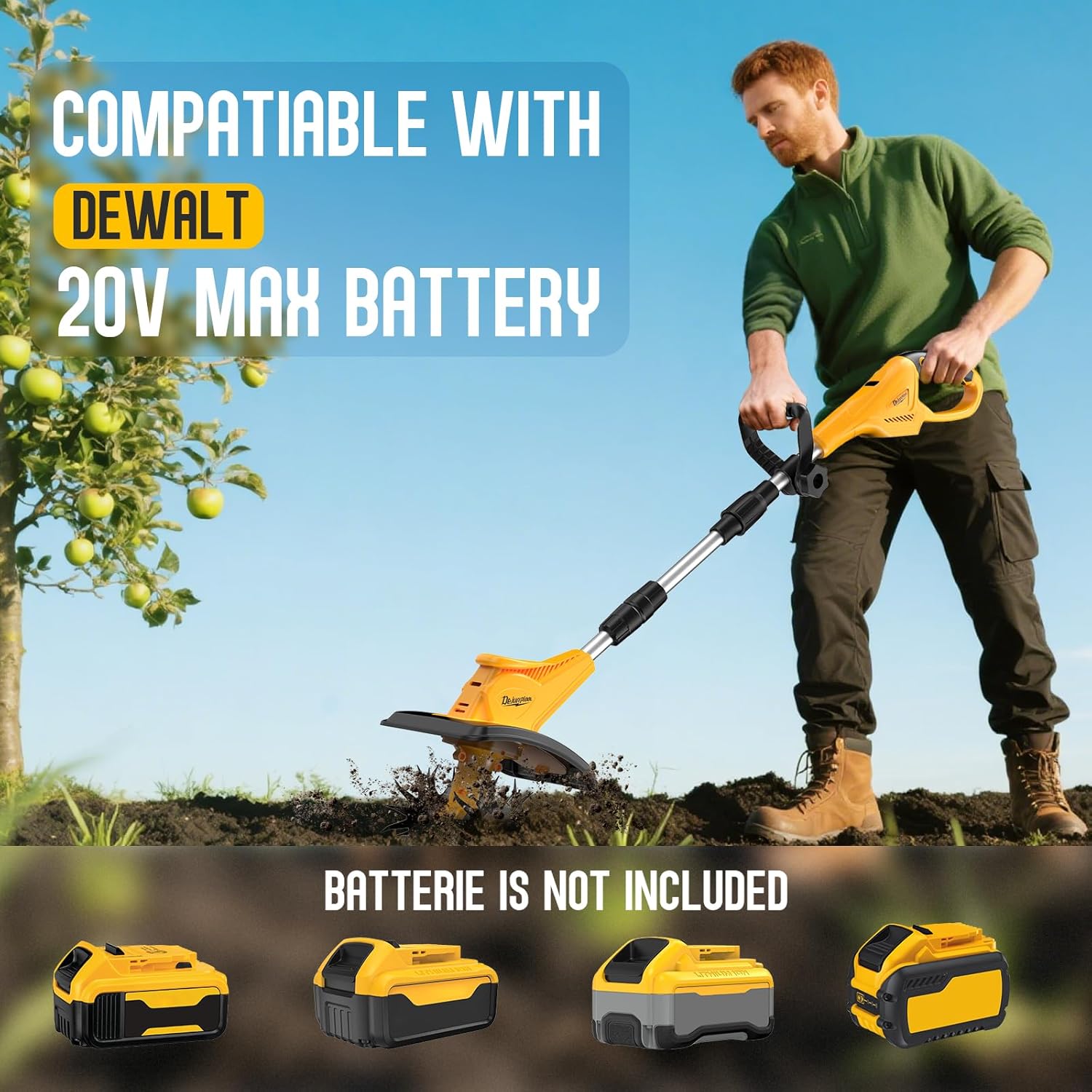 Cordless Tiller Cultivator Compatible with DEWALT 20V MAX Battery(Tool Only), Folding Electric Rototiller for Garden with 40 Steel Tines 310RPM, 9.1In Tilling Width and 6.3In Depth