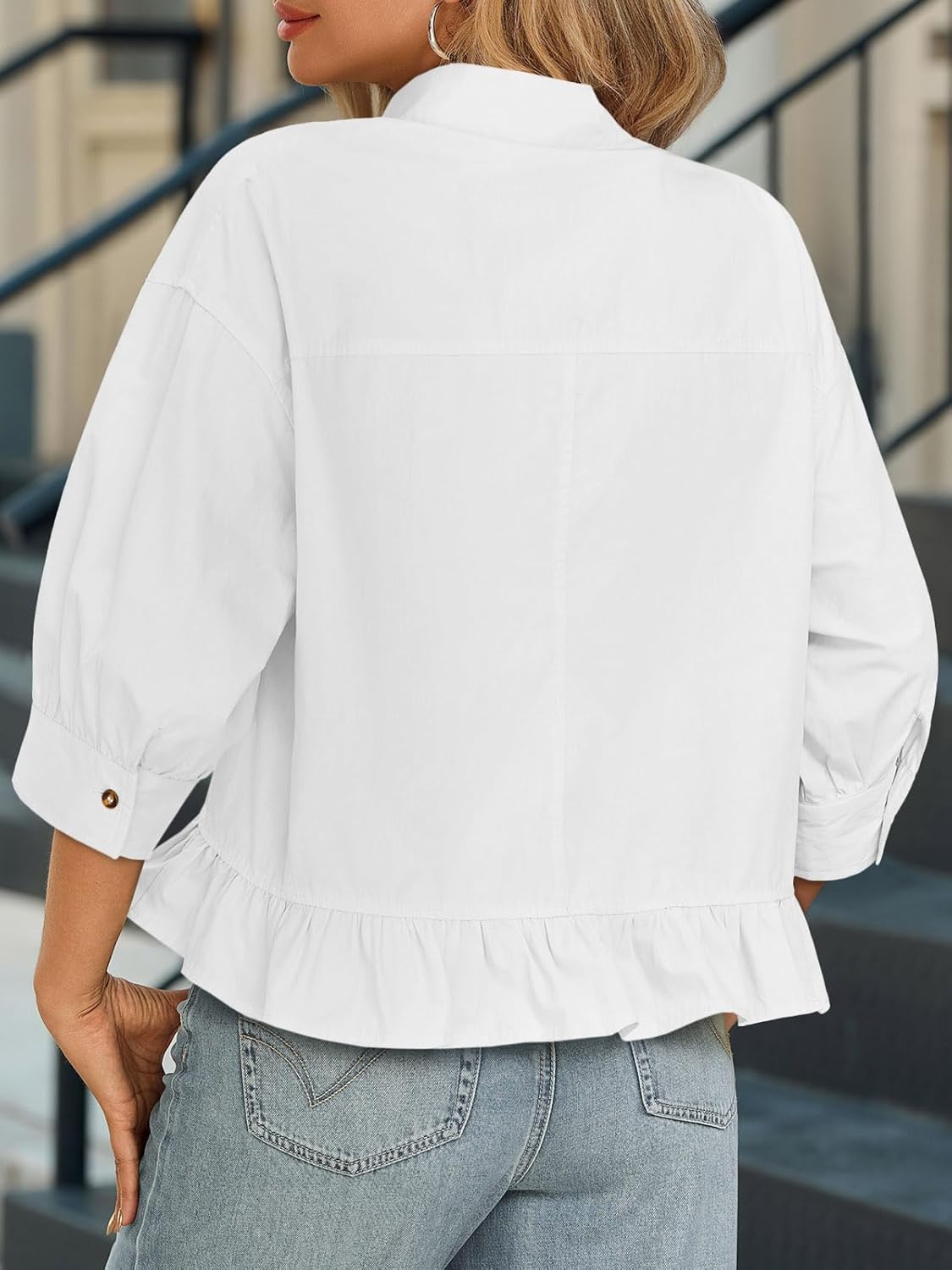 Cicy Bell Womens Cropped Button Down Shirts 3/4 Length Sleeve Casual Cotton Blouses Loose Fit Ruffle Hem Tops - Image 5