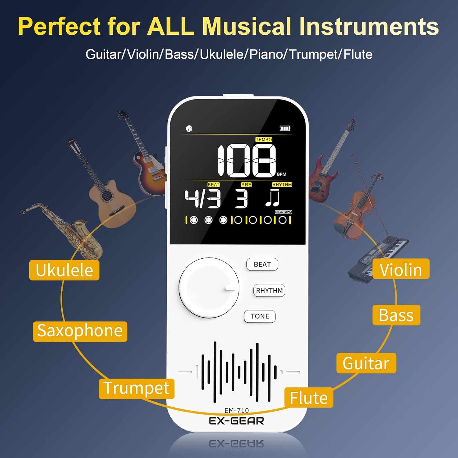 EX-GEAR Digital Metronome, Rechargeable Electronic Metronome with Color LCD Screen, Wide Tempo Range & Multiple Time Signatures for Piano, Guitar, Violin, Drums & All Instruments