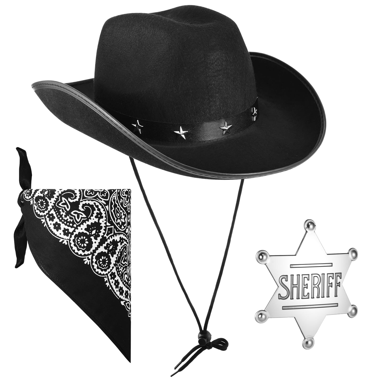 3 pieces Cowboy Hat and Scarf Set, Cowboy Hats with Wild West Sheriff Bandanna Badge Western Fancy Dress Party Accessory for Adult Women Men Halloween Themed Part, Black โ image 1