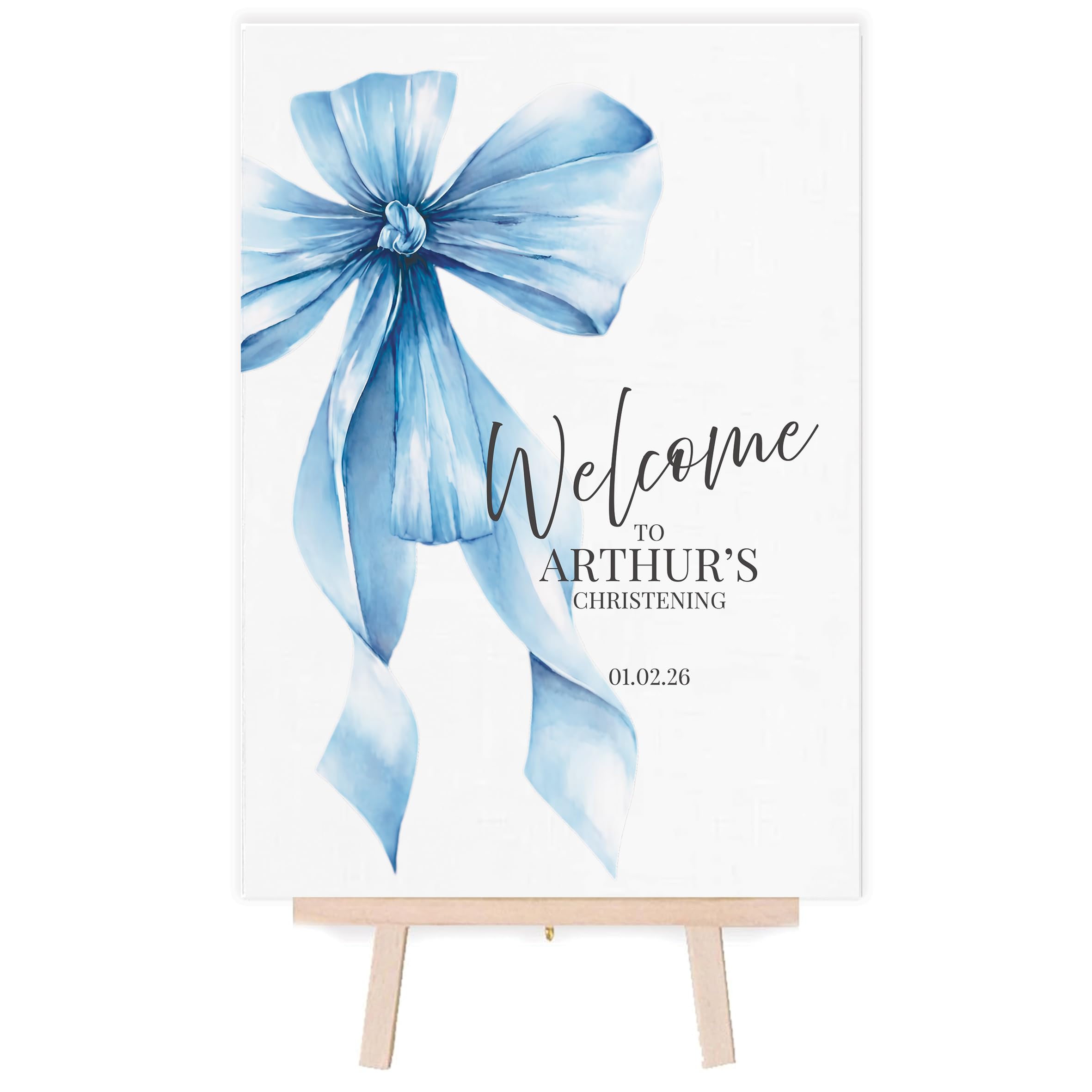 Personalised Welcome Poster for Christening/Baptism/First Holy Communion, Bow Theme (Blue, A3 with Easel)
