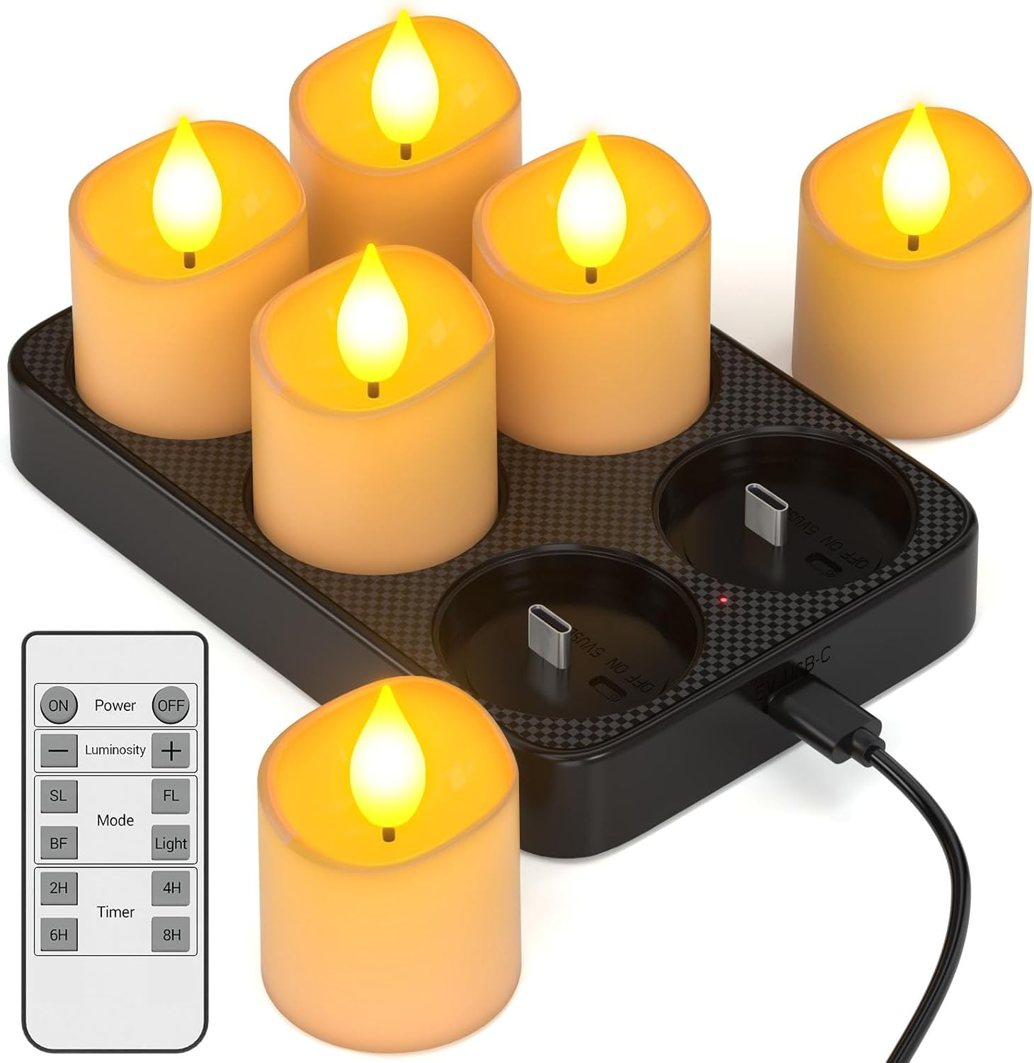 Yme Rechargeable Tea Lights Candles with Charger Storage Base, 6 Pack Battery Operated LED Flameless Votive Candles with Remote Timer for General Room Home Lantern Weddings Emergency Party Decor