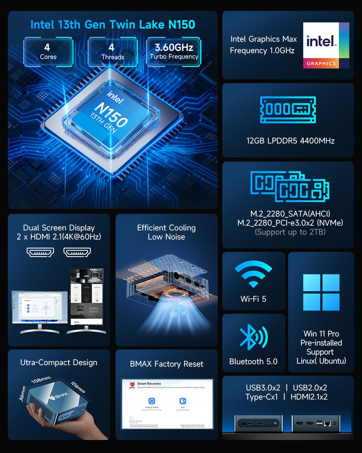 Amazon.com: Bmax Mini PC B4 Ultra, Intel N150 (Up to 3.6GHz) 12GB