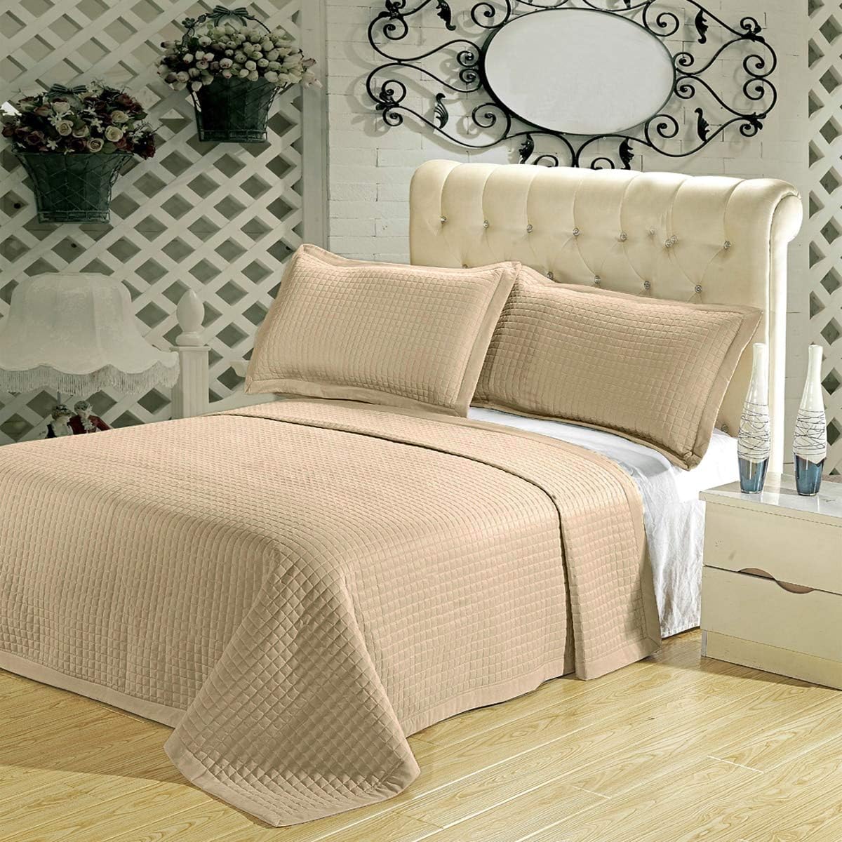 sheetsnthings Luxury Checkered Quilted Wrinkle Free Microfiber 2 Piece Coverlets Set (Beige, Twin)