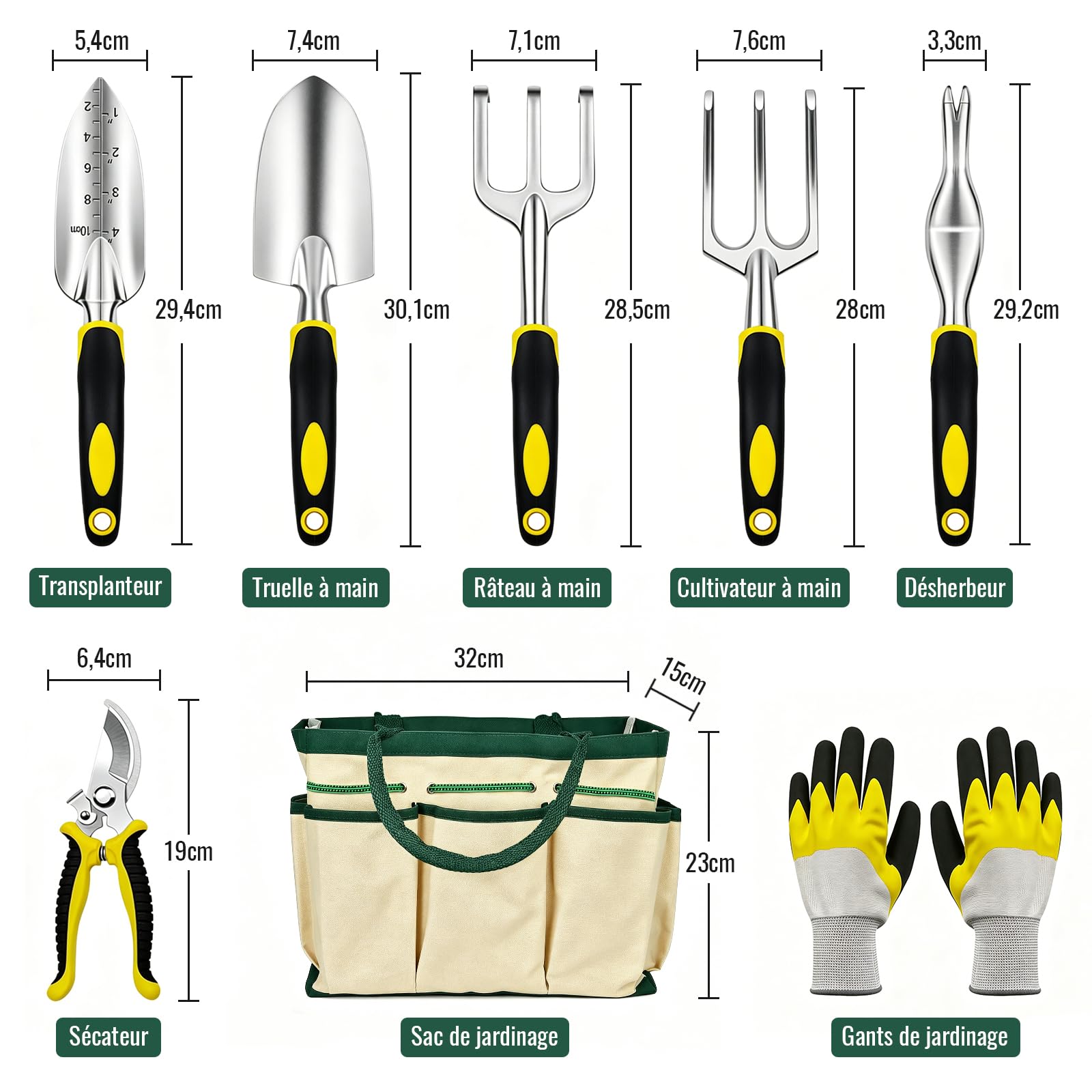 Kit Outils de Jardinage 8 Pièces, Sécateur et Truelle en INOX | Manche Antidérapant, Sac de Rangement, Gants, Râteaux et Désherbeur pour Plantation, Entretien de Fleur et Potager