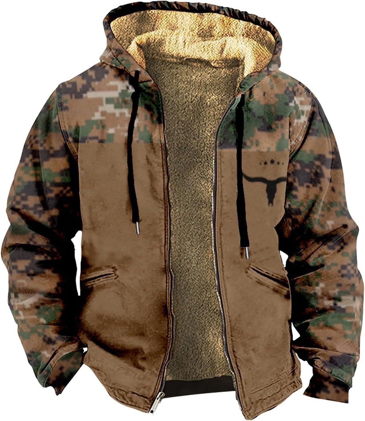 Mens Sherpa Lined Jacket Camo Thick Fleece Hoodie Fall Winter Long Sleeve Zip Up Hooded Jackets Warm Coat
