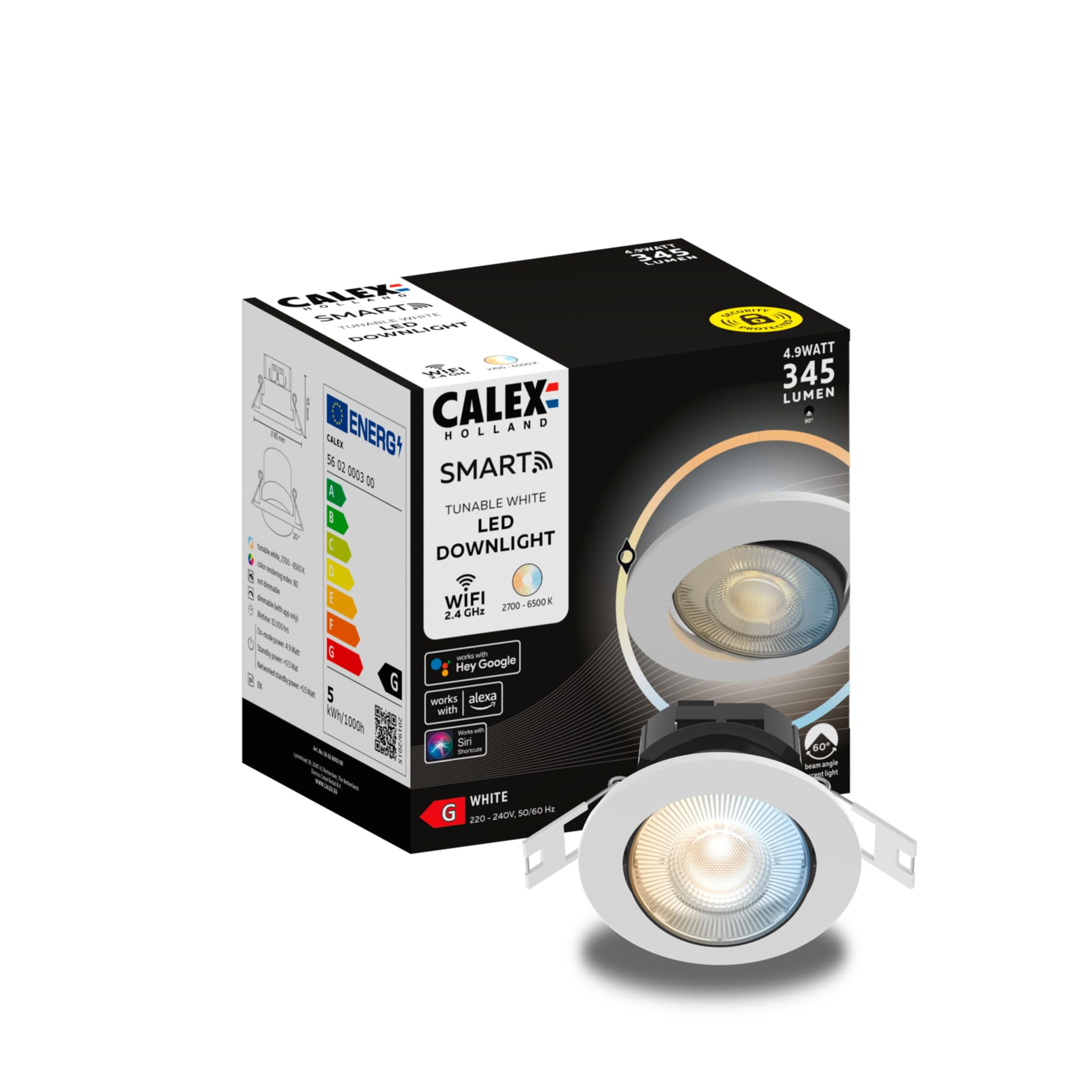 Calex White - Smart Led Downlight Wifi Recessed Ceiling Spot Light, Cct, App And Works With Amazon Alexa And Google Home, Dimmable, 5W