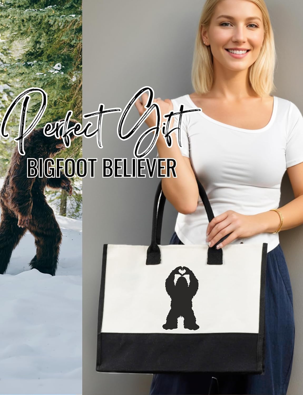 InnoBeta Bigfoot Sasquatch Gifts for Women Canvas Tote Bag on Christmas or Birthday, Tote with Top Zipper Closure and Shoulder Strap