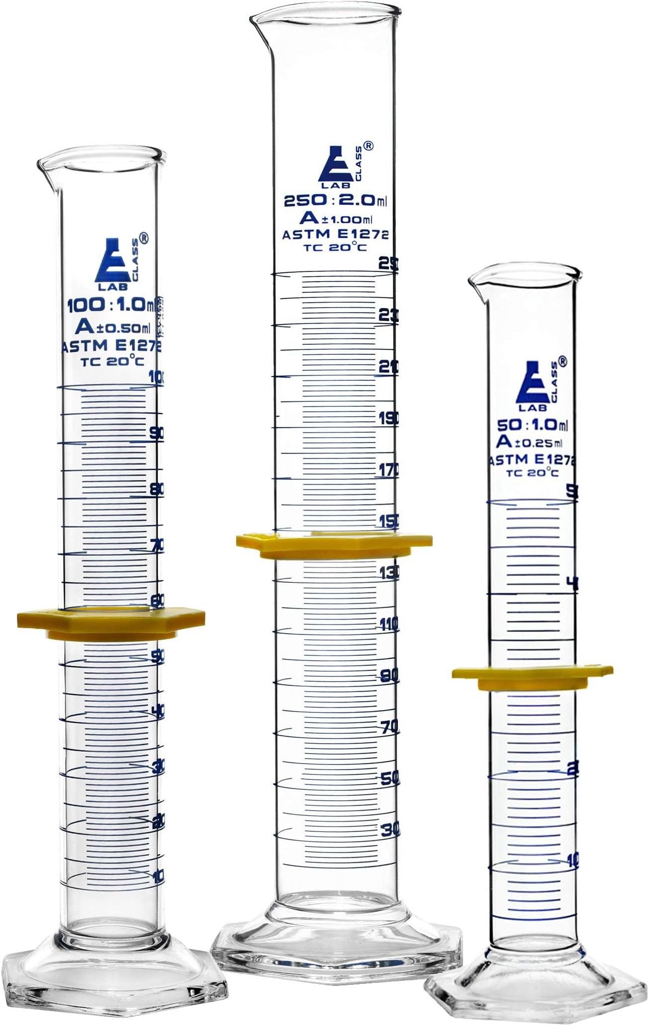 Eisco Premium Graduated Cylinder Set - 50mL, 100mL & 250mL - ASTM, Class A - Protective Collars, Hexagonal Base - Blue Graduations - Borosilicate 3.3 Glass - Labs