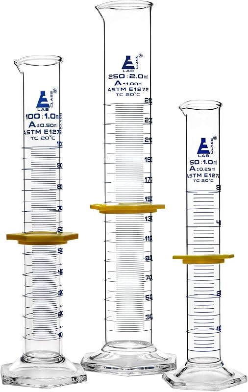 EISCO Premium Graduated Cylinder Set - 50mL, 100mL & 250mL - ASTM, Class A - Protective Collars, Hexagonal Base - Blue Graduations - Borosilicate 3.3 Glass