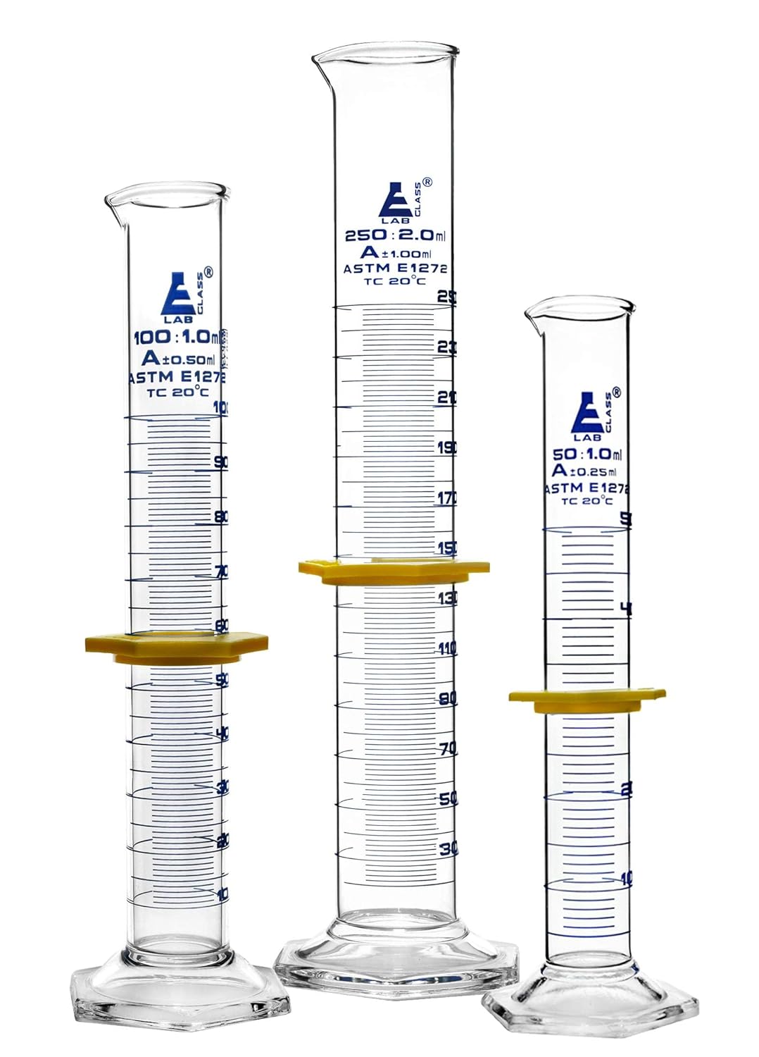 EiscoLabs Premium Graduated Cylinder Set - 50mL, 100mL, 250mL Class A Borosilicate Glass, Hex Base, Protective Collars