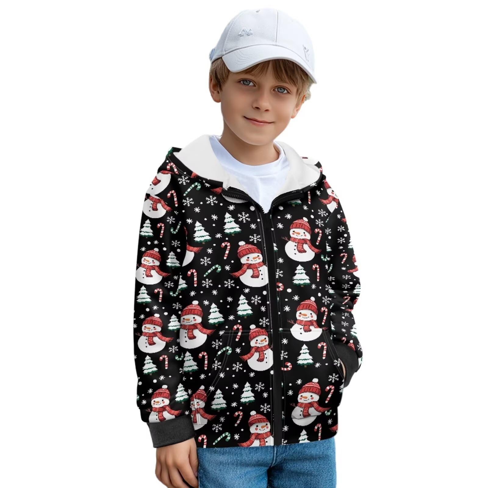Płatek śniegu bałwan czarny nadruk dziecięce bluzy z kapturem zamek błyskawiczny z przodu przytulna bluza dziewczęca kurtka z kieszeniami polar bluza z kapturem miękka odzież uliczna do