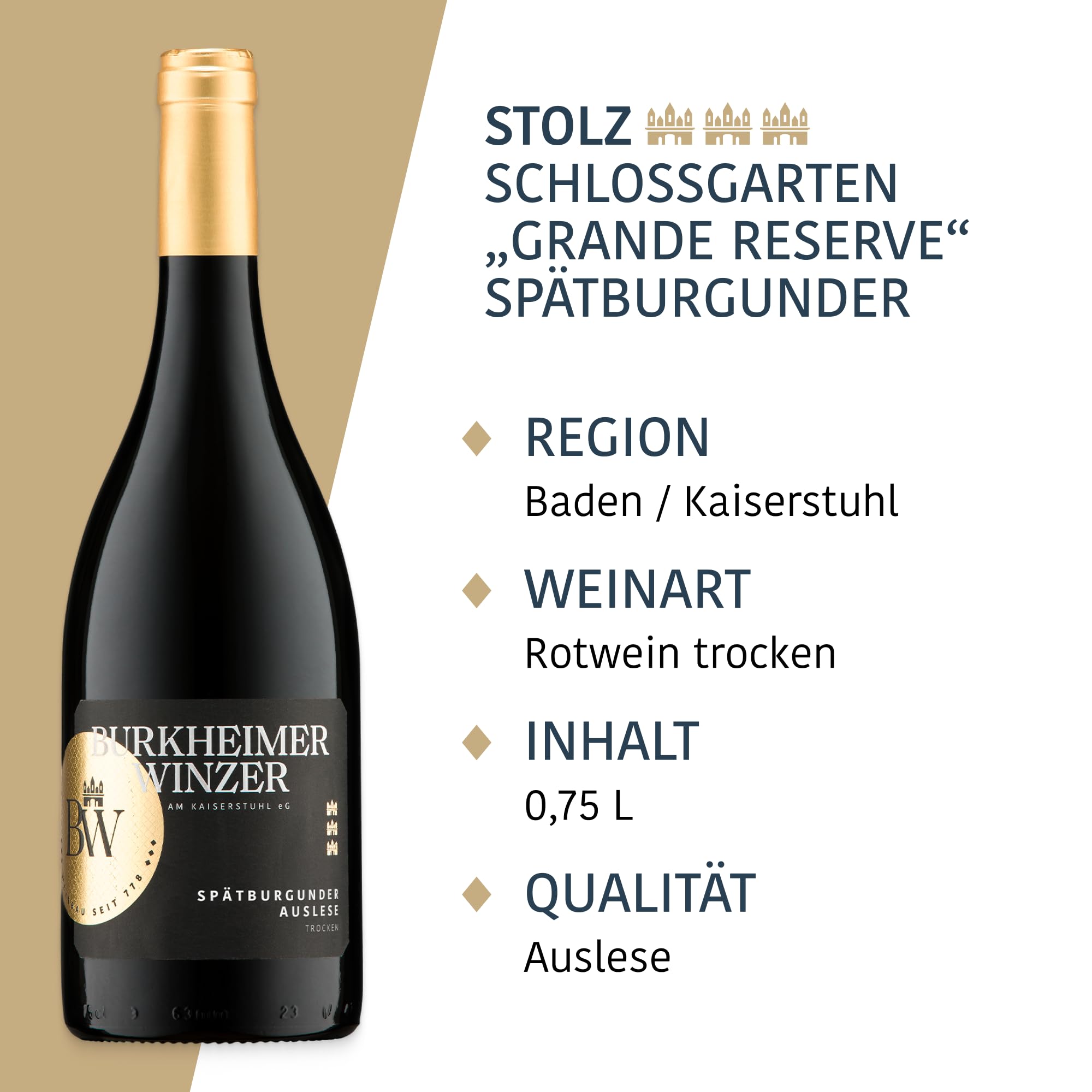 Burkheimer Spätburgunder trocken Grande Reserve - Rotwein Auslese aus dem Schlossgarten mit Kirsch- & Waldbeeraromen - Stolz Kollektion - vom Kaiserstuhl (3 x 0,75l)