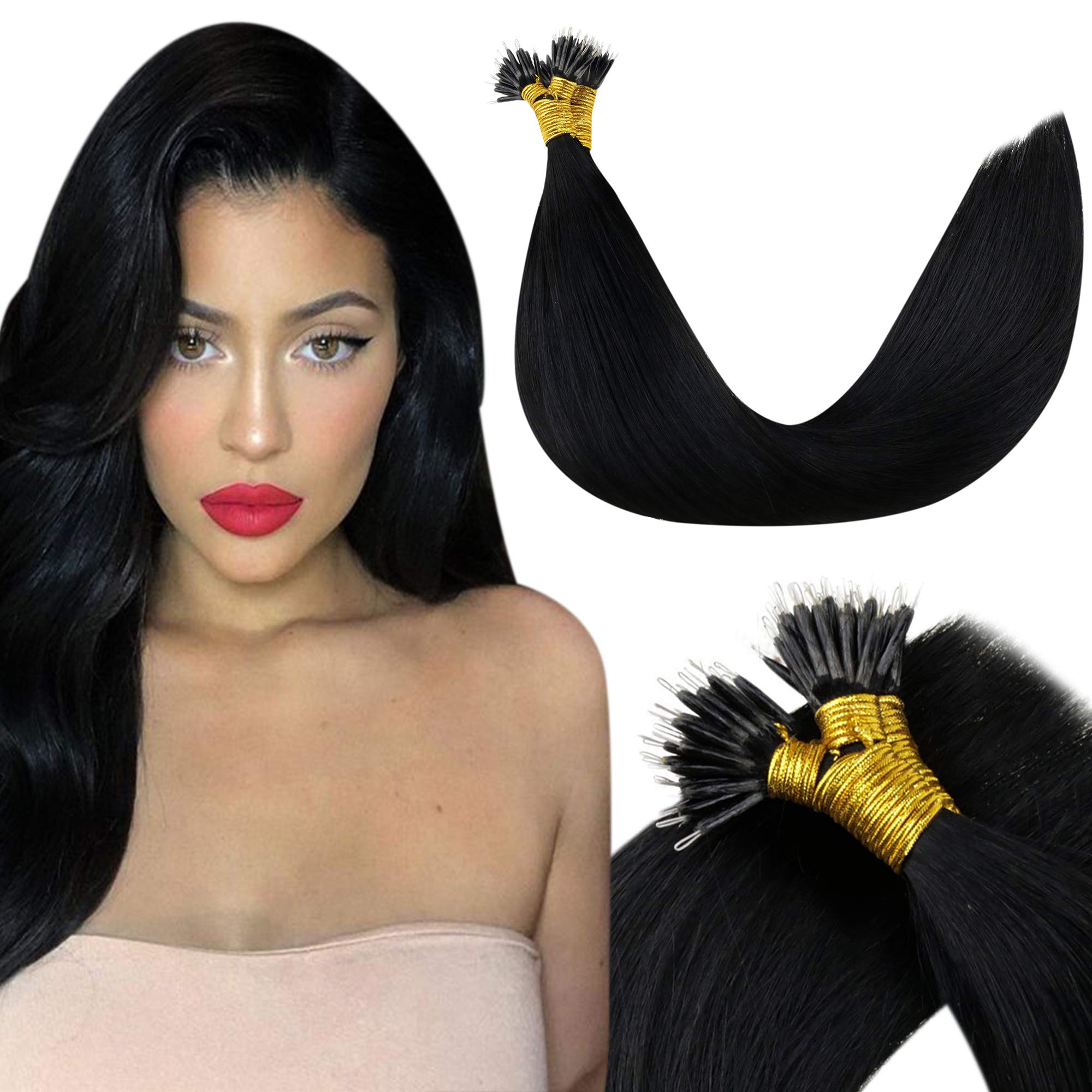 LaaVoo60cm Nano Tip Human Hair Extensions - Straight Brazilian Jet Black Prebonded Hair Extensions With Nano Ring, 1g/s, 50g Per Pack