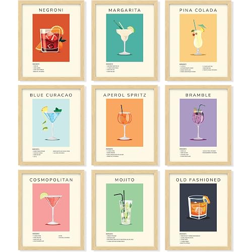 97 Decor Vintage Cocktail Wall Art, 9 Bar Cart Posters, 8x10 Unframed | Retro drink and cocktail recipe prints, cardstock, adhesive dots, bar cart, kitchen, dorm, apartment