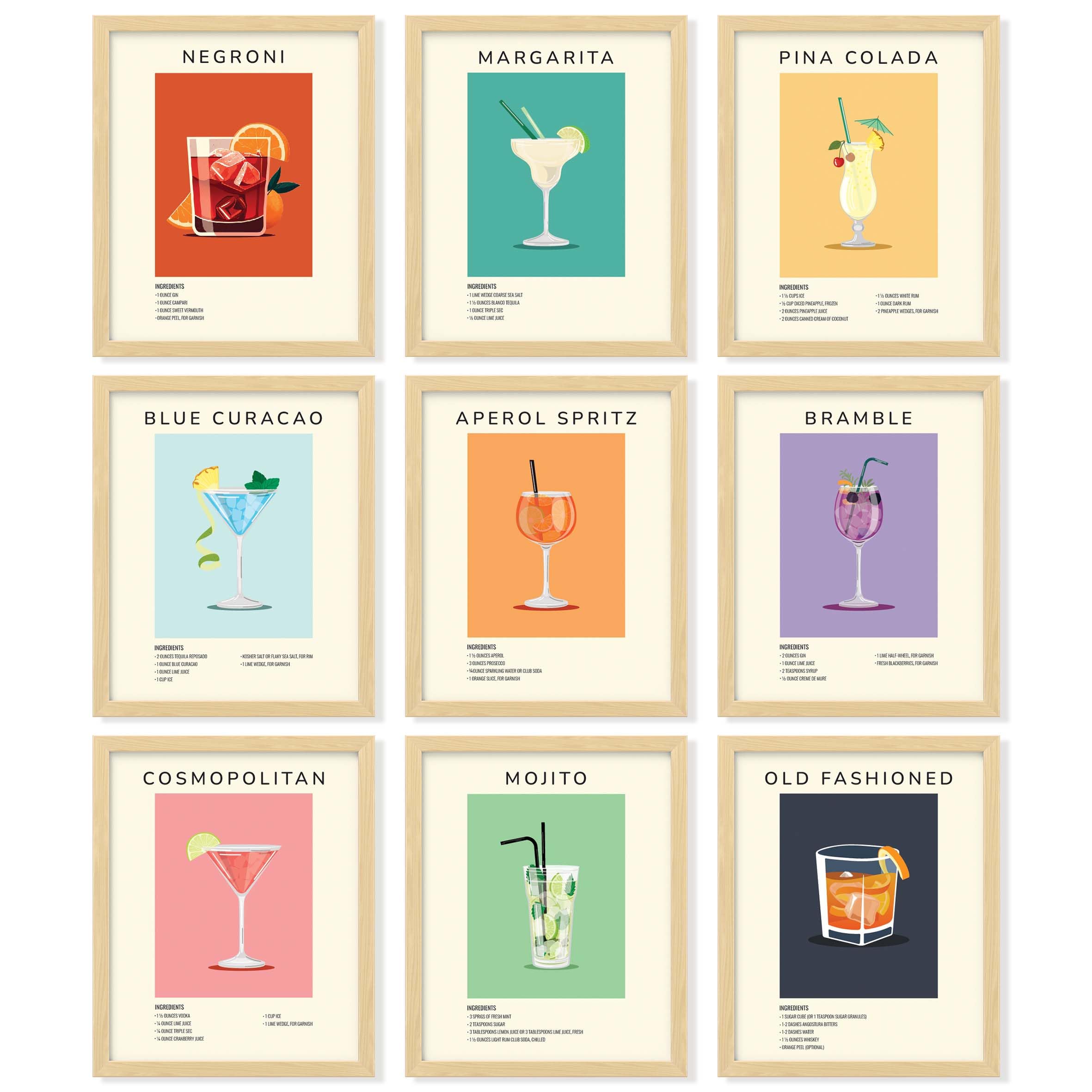 ANKAZA Poster Da Parete Cocktail – Set Di 9 Stampe Vintage In Cartoncino (20x25 Cm) Con Adesivi – Decorazione Per Bar E Casa