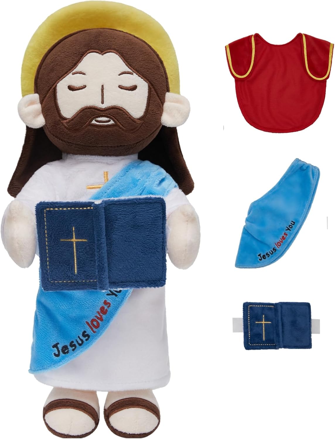 Jesus Plush, 13.8" Jesus Stuffed Doll with Removable Accessories Christian Plushie for Easter Christmas Church Religious Gifts for Kids Adults (Blue & Red)