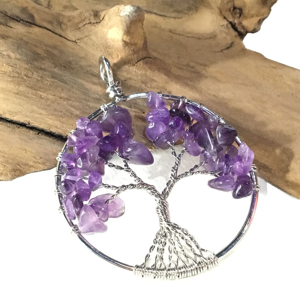 Colorful Tree of life pendant Amethyst Crystal Necklace Gemstone Chakra Jewelry Best Gifts (Amethyst Quartz)