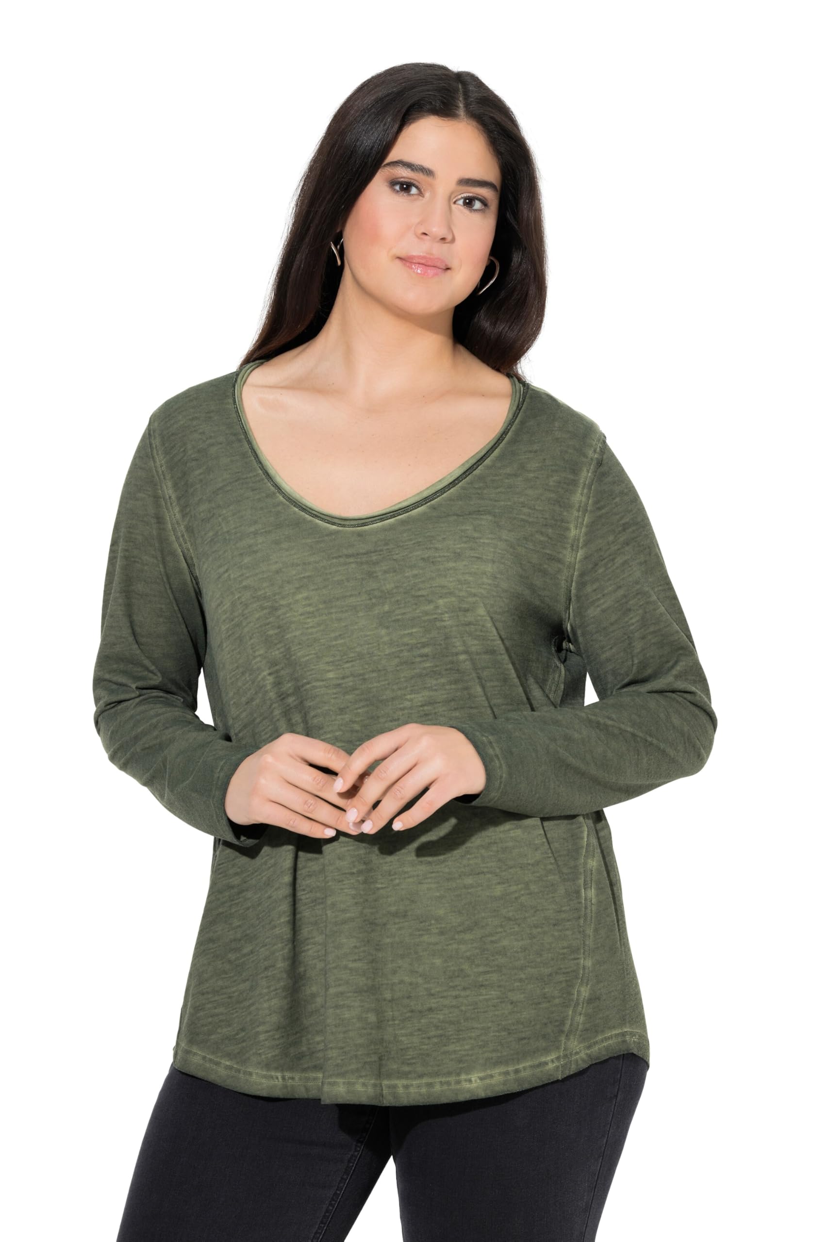 Ulla Popken Damen große Größen Übergrößen Plus Size Shirt, Rollkanten, Classic, V-Ausschnitt, Langarm 834678