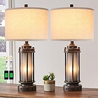 AIEAMPDO Set of 2 Rustic Farmhouse Table Lamps with Dual USB Ports & Frosted Glass Night Light - Bedroom Living Room End Table (Bronze, 4 Bulbs Included)