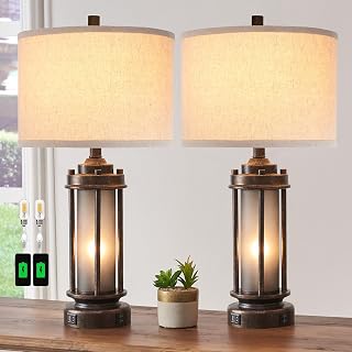AIEAMPDO Set of 2 Rustic Farmhouse Table Lamps with Dual USB Ports & Frosted Glass Night Light - Bedroom Living Room End Table (Bronze, 4 Bulbs Included)