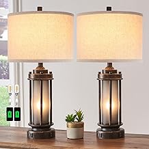Set of 2 Farmhouse Lamps for Living Room, Rustic Vintage Bedroom Nightstand Table Lamp with 2 USB Charging Ports, Built-In Frosted Glass Night Light for End Table Entryway, 4 Bulbs Included (Bronze)