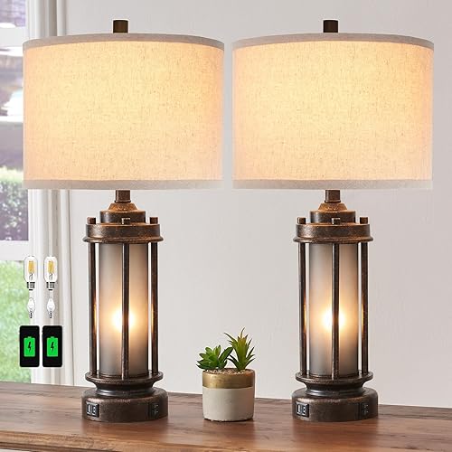 Set of 2 Farmhouse Lamps for Living Room, Rustic Vintage