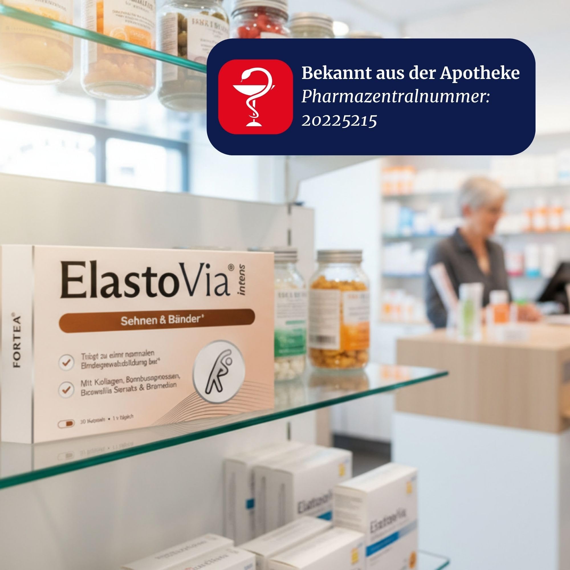 FORTEA® - Sehen & Bänder Kapseln in Apothekenqualität - ElastoVia - Für Sehnen und Bänder entwickelt - Komplex mit Boswellia Serrata Extrakt, Bromelain, Vitamin C und D - 30 Stück
