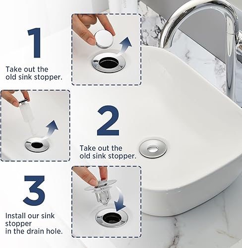 Miniatura 3 de Tapón universal 2 en 1 para lavabo de baño, paquete de 2 coladores de drenaje emergente para lavabo para orificios de drenaje de lavabo de Plata