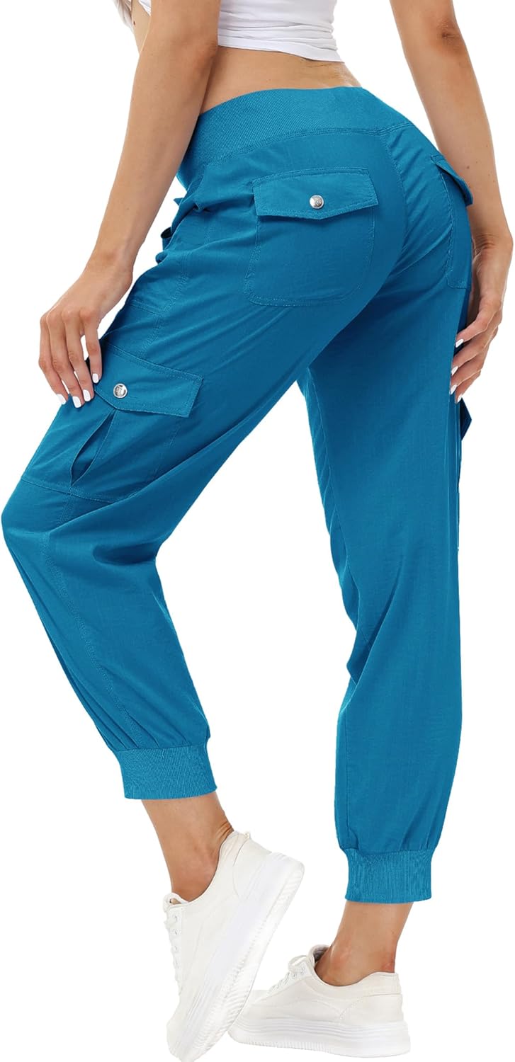 MoFiz Women's Lightweight Hiking Cargo Pants Outdoor Quick Dry Casual Travel Sweatpants Joggers Elastic Waist Button Pockets