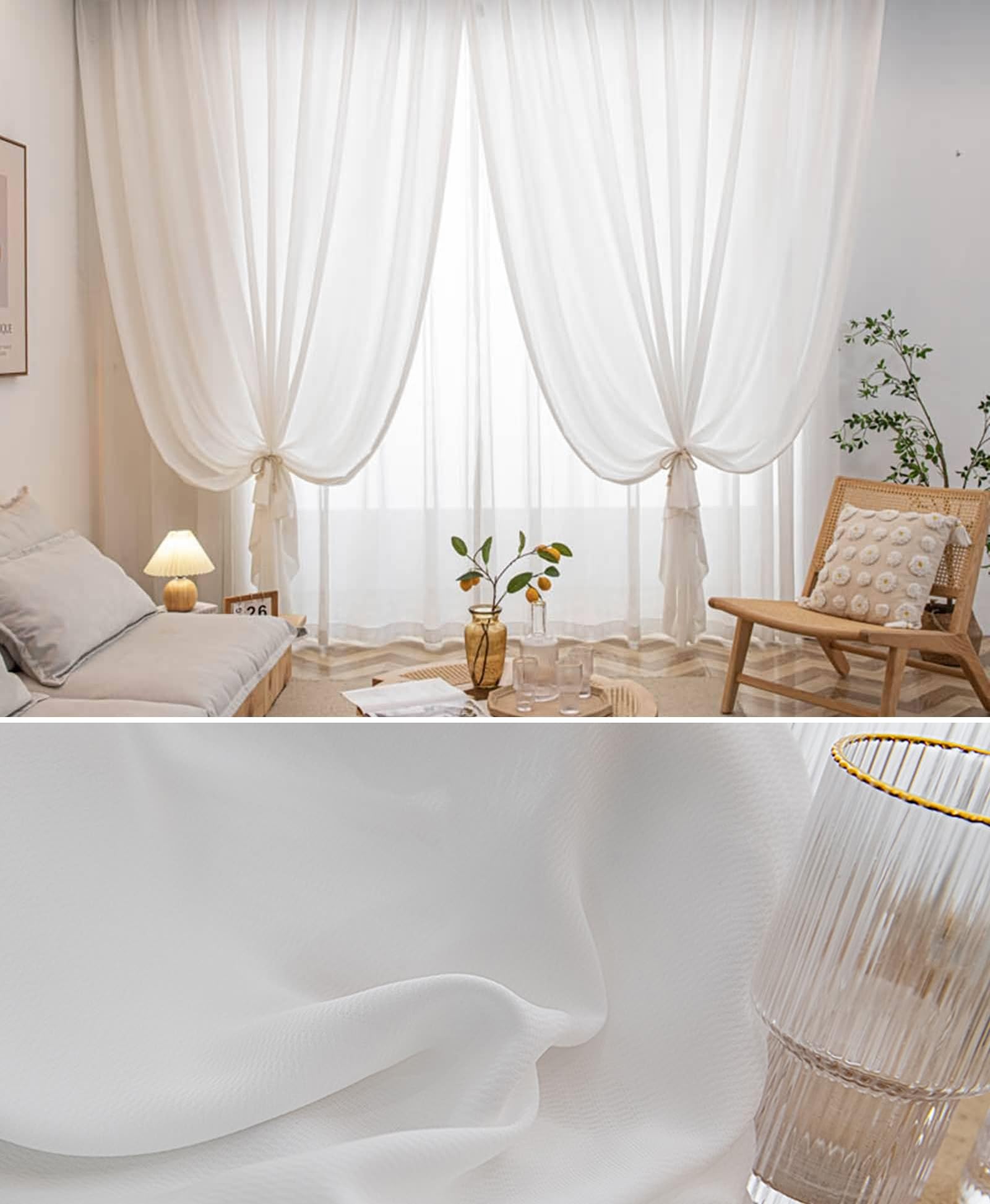 Rideau Fenêtre Semi Transparent 132x214, Rideaux Voilage pour Chambre Polyester Aspect Fil Blanc, Oeillet, Lot de 2