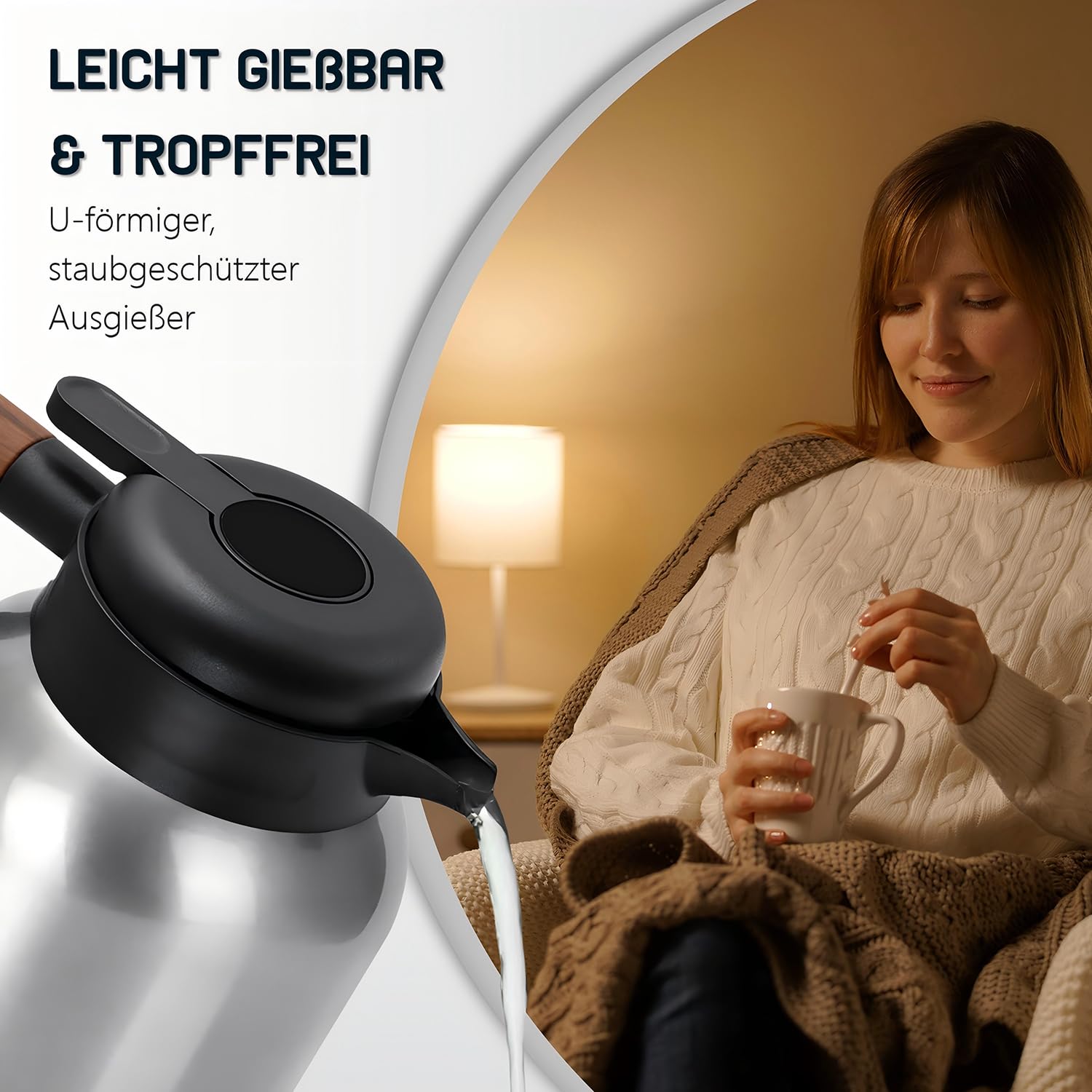 VETIN Thermoskanne mit Teesieb 1,5L aus 304 Edelstahl, Kaffeekanne Thermo | Auslaufsicher, 10 h Heiß & 16 h Kalt, mit Temperaturanzeige, für Tee, Kaffee und Kalte Getränke (Kunststoffgriff)