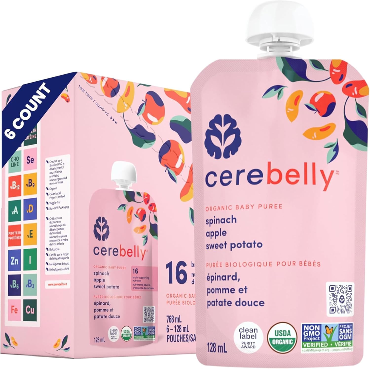Cerebelly Organic Baby Food Pouches – Spinach Apple Sweet Potato, 128 ml, Pack of 6 |Non-GMO| Sachets d’aliments pour bébé bio Cerebelly – Épinards, pomme et patate douce, 128 ml, paquet de 6|Sans OGM