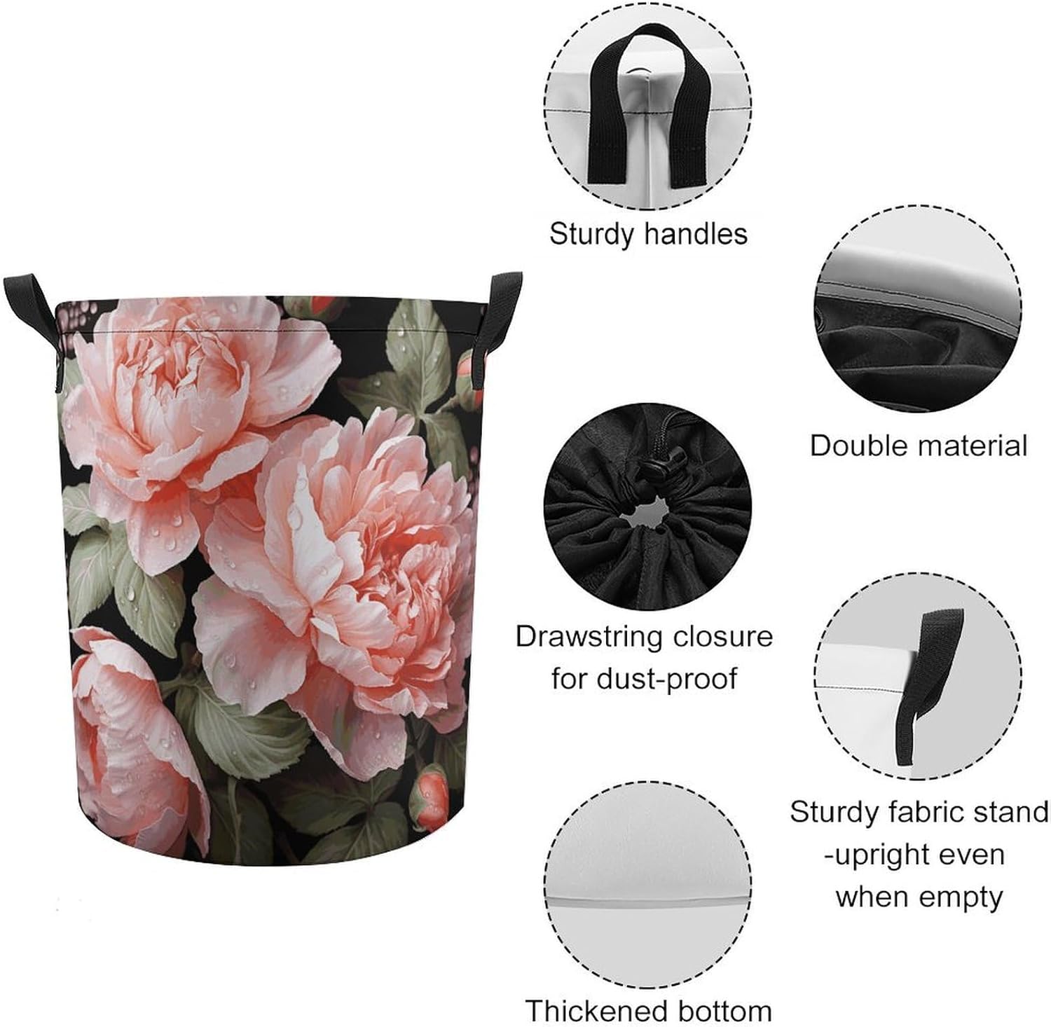 Peony Flowers Rose Laundry Basket Collapsible Clothes Hamper with Reinforced Handles Large Capacity Waterproof Laundry Bag Freestanding Laundry Hamper for Bedroom Bathroom