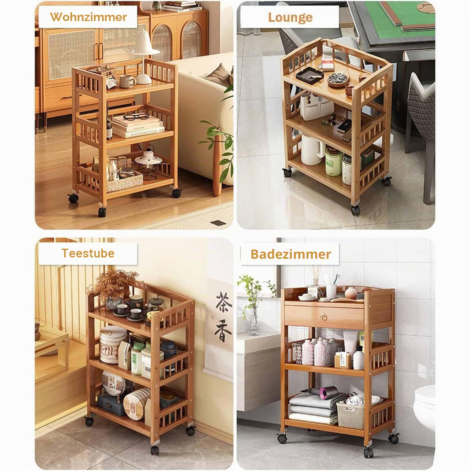 3-stufiger Rollwagen aus Bambus und rollendes Allzweck-Aufbewahrungs-Organizer-Bücherregal mit Rädern für Küche, Badezimmer, Schlafzimmer, Wohnzimmer 50cm