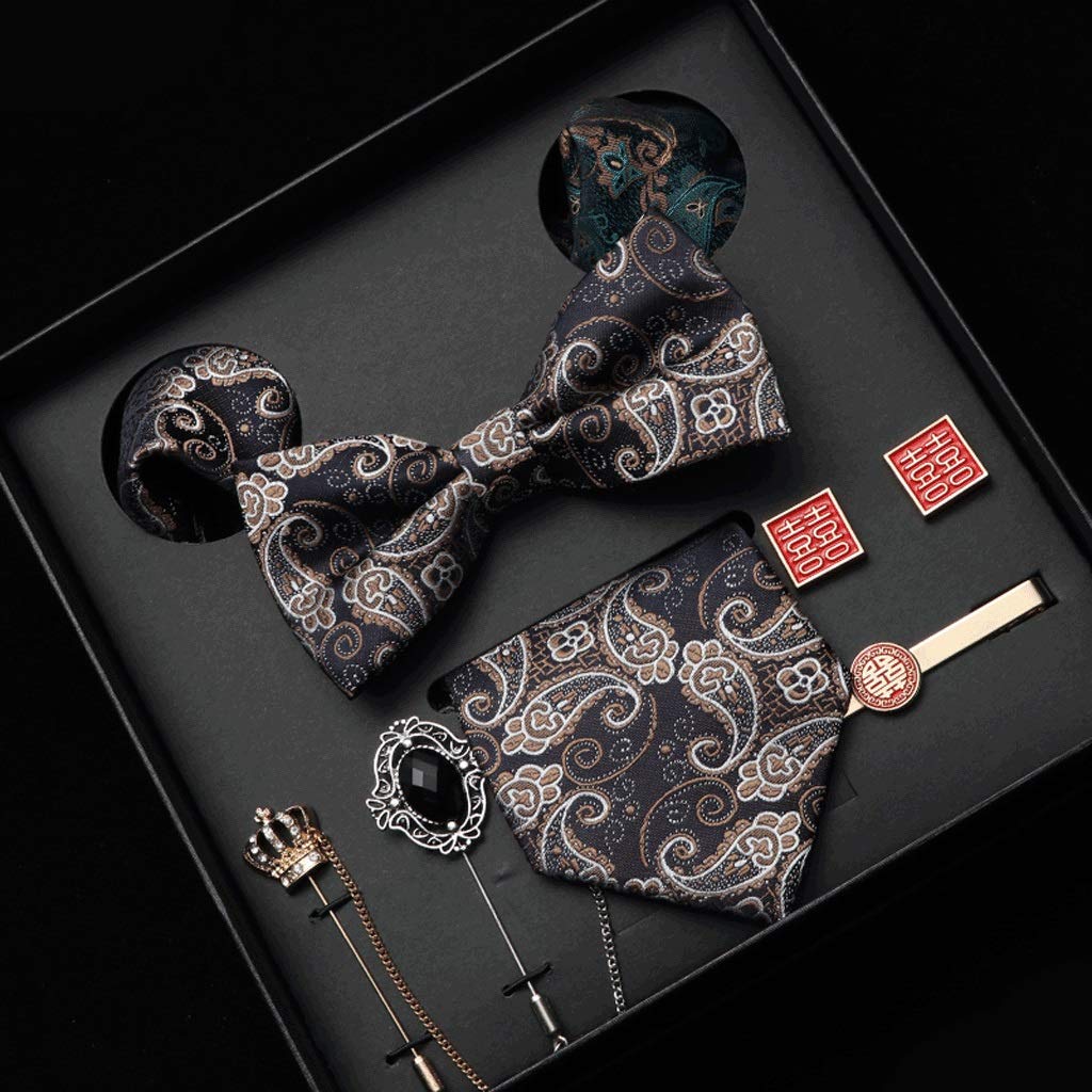 Neues Krawattenset für Herren, 8 cm, Krawatte, Fliege, Corsage, Einstecktuch und Krawattenklammer, Geschenkbox für Business und Hochzeit (Farbe: E) (E)