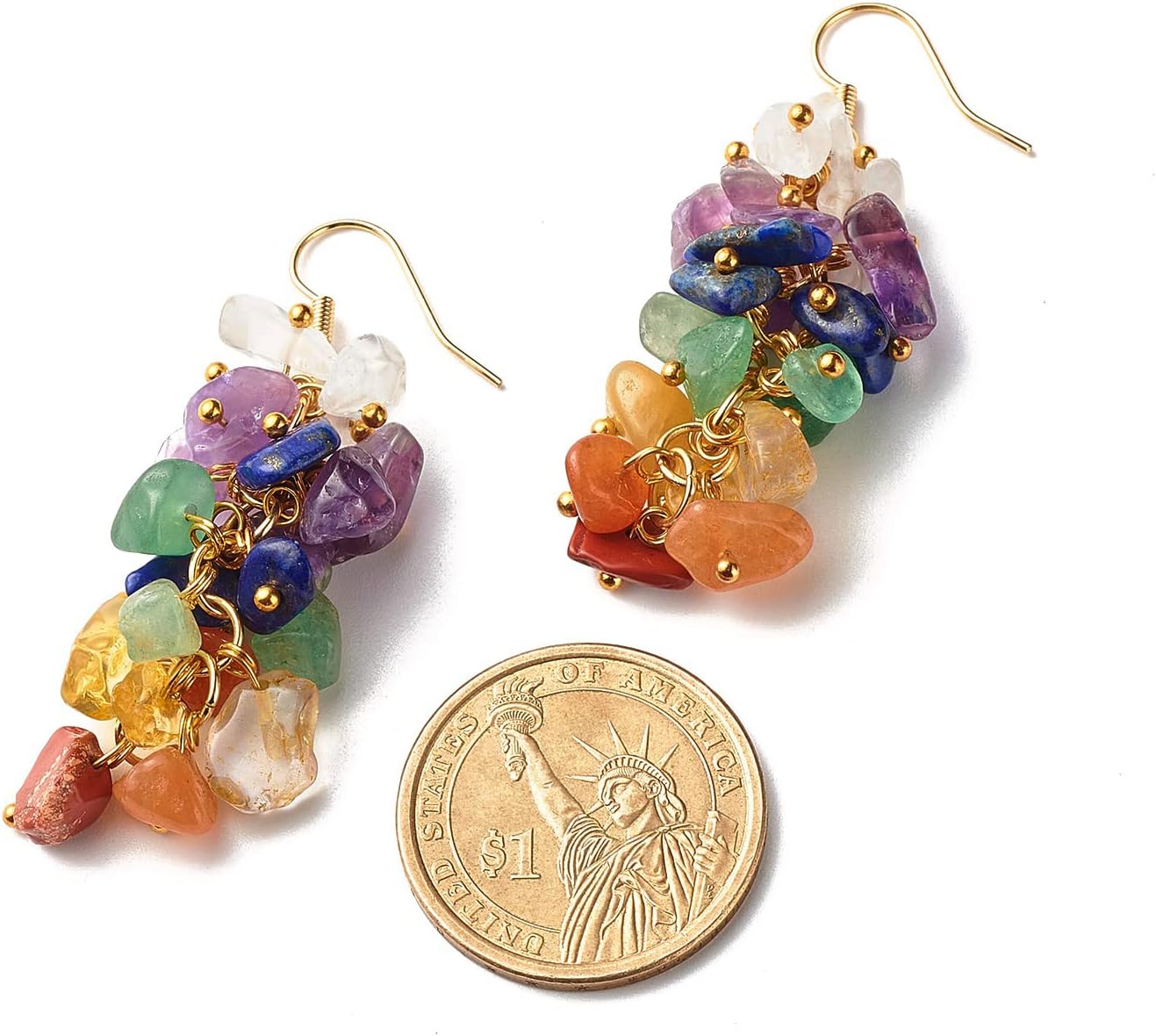 Ornaland Natural Reiki Healing Mixed Stone Hook Earrings Chip Beads Dangle Earrings for Women, Golden, Pin: 0.5mm - Image 5