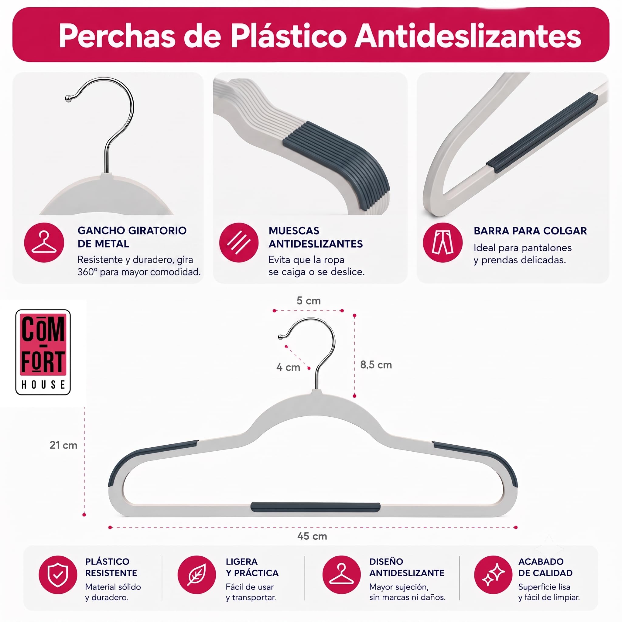 Perchas de Plástico Antideslizantes 45 cm Pack 120 COM-FORT HOUSE | Gancho giratorio 360°, Superficie antideslizante, Alta resistencia, Ahorra espacio