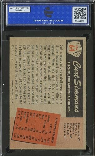 Miniatura 2 de 1955 BOWMAN #64 CURT SIMMONS ISA 8.5 PHILLIES