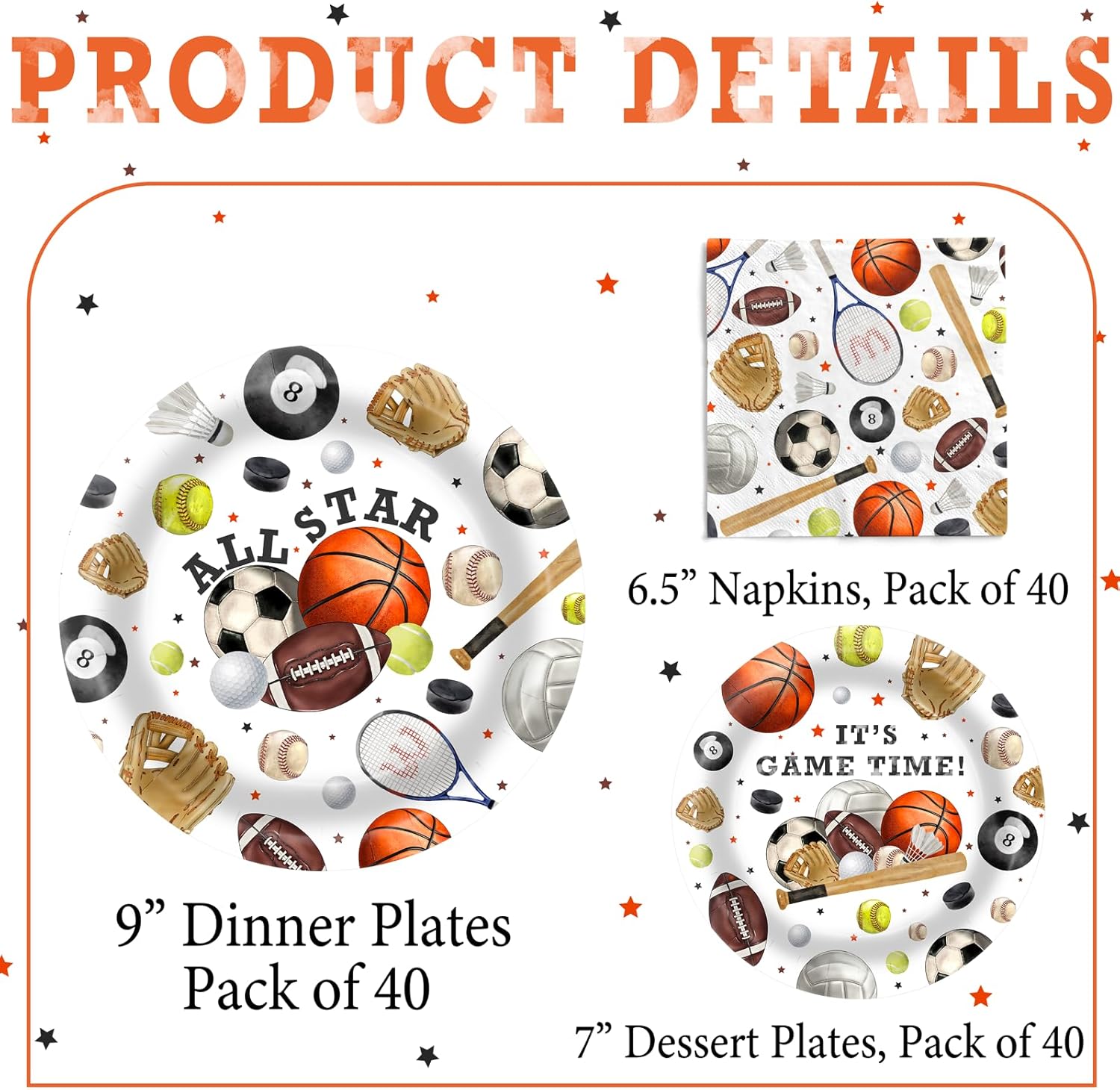 Sports Birthday Party Supplies for 40 Guests, All Star Birthday Plates and Napkins Set, Sports Party Decorations for Boys