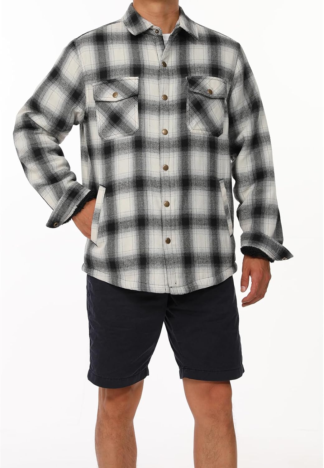 ZENTHACE Men's Sherpa Lined Flannel Shirt Jacket,Long Sleeved Brushed Plaid Flannel Shacket Jackets,Snap Button - Image 2