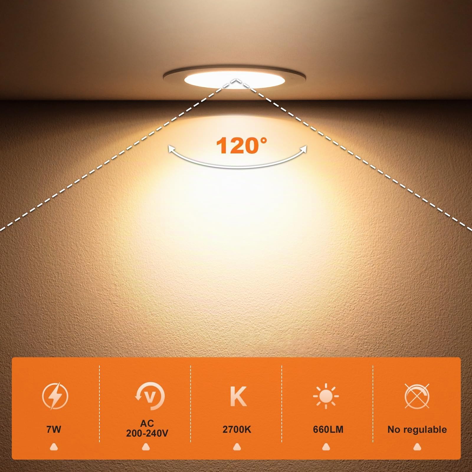 DUSKTEC - Foco LED empotrable extraplano, 220 V, blanco cálido, lote de 10 focos LED, 7 W, 660 lm, cuarto de baño, foco empotrado, techo IP44, agujero 68 – 90 mm, para cocina, salón, pasillo