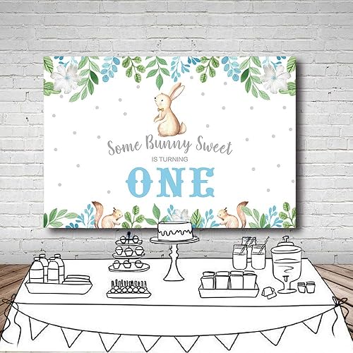 Miniatura 5 de MEHOFOTO - Telón de fondo de fiesta de cumpleaños de 7 x 5 pies, diseño de conejito floral azul primavera conejo plateado con texto en inglés "Some